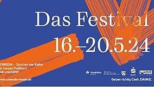 Text "Das Festival 16.-20.05.24 auf buntem Grund in Orange und violett